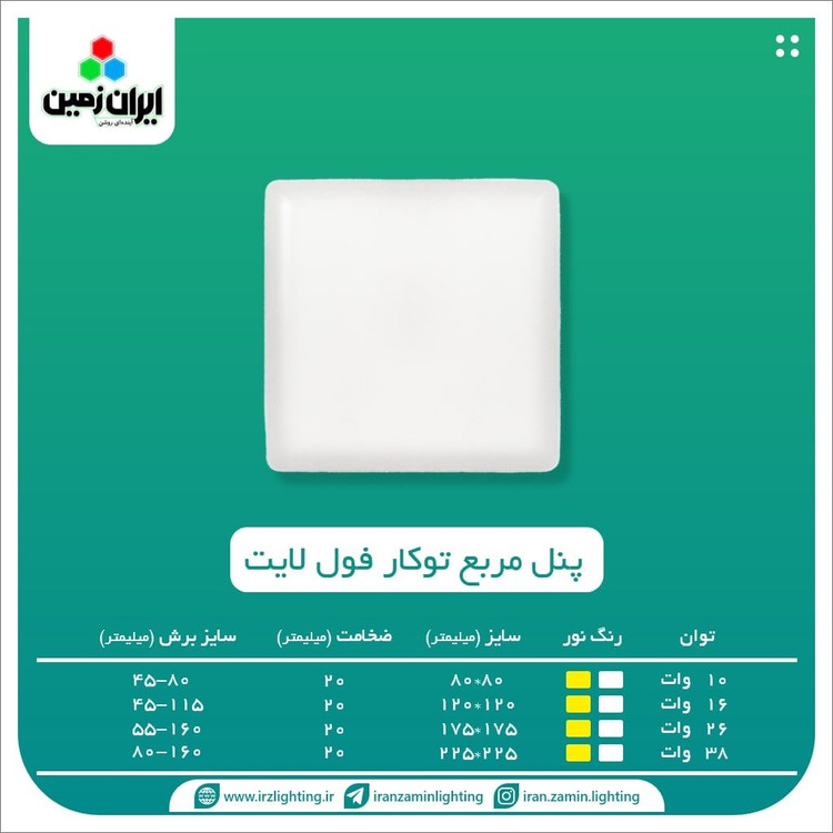 پنل ۲۶ وات مربع فول لایت فنر متغیر توکار نور آفتابی ایران زمین
